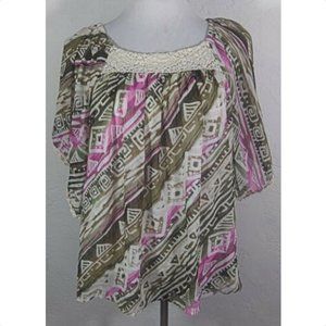 Dressbarn Large Top Geometric Crochet Trim Peasant